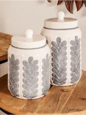 Stoneware Decorative Jar Canister Set of 2 10 & 8” Grey/White Cracked Finish